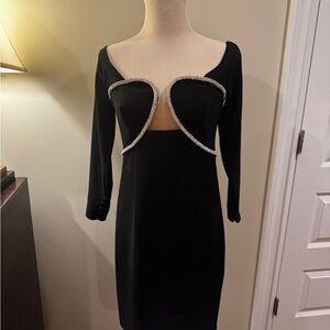 Self-Portrait Black Long-Sleeve Cutout Dress with Crystal Trim